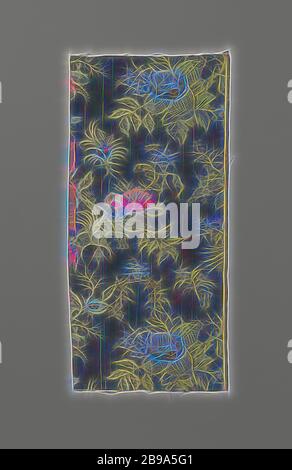 Frammento di seta ricamata multicolore, frammento di tessuto di seta. Bouquet in grigio con due fiori gialli e un vaso circondato da foglie grigie su un terreno grigio-blu. Nota: Smussato, 0.7 cm tessuto liscio 2 colori., Francia (possibilmente), 1735 - 1760, seta, h 52 cm × w 24.5 cm h 41 cm w 0.7 cm, Reimagined by Gibon, disegno di calda allegra luce e luminosità raggi di radianza. Arte classica reinventata con un tocco moderno. La fotografia ispirata al futurismo, abbracciando l'energia dinamica della tecnologia moderna, del movimento, della velocità e rivoluzionando la cultura. Foto Stock