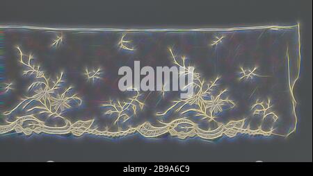 Lato di applicazione con listelli a margherita, lato di applicazione in tinta naturale, applicazione di lacci a bobina su passacavo della macchina. Su una fonduta decorata con ramoscelli, lungo il lato scottato, alternativamente un grande ramo con margherite e un piccolo ramo con fiori di campana. Le capesante allungate presentano c-volute rotte e rocailles riempite di raster., anonime, Bruxelles, c. 1890 - c. 1899, lino (materiale), l 778 cm × l 18 cm ×, 26 cm, Reimagined by Gibon, disegno di calda e allegra luce di luminosità e di luminosità. Arte classica reinventata con un tocco moderno. Fotografia ispirata al futuro Foto Stock