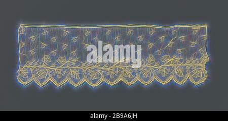 Striscia di lacci ad ago con raschietti a zigzag, rami laterali che crescono a destra su un ramo stretto e orizzontale, su cui acari dimentichi e tre tipi di fiori di calice, le capesante a zigzag taglienti hanno un doppio contorno, costituito da una foglia e da un bordo di perla, mentre un 'angolo' è applicato ad ogni punto. C'è un modello di dispersione di margherite appese nel campo. Alençon side., anonima, Francia, c.. 1810, lino (materiale), pizzo Alençon, l 26.5 cm × l 9.5 cm ×, 8 cm, Reimagined by Gibon, disegno di calda e allegra luce di luminosità e di luminosità. Arte classica reinventata con un twi moderno Foto Stock