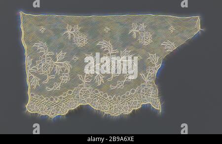 Striscia di merletto a fuselli con perla e rosetta telaio, sul terreno del reticolo, a Mechelen massa (noto anche come massa di ghiaccio), con qualche spruzzata di quattro-pass-custodie sagomate, vi è un modello di esecuzione. All'interno ci sono piccole rosette appesi rami, nel mezzo di una duna è salito di più steli a spirale, la quale molla dallo stesso fiore che forma il pezzo di estremità di puro ad arco circolare gusci. Le conchiglie dei pellegrini e altri pettinidi consistono di una perla e rosetta telaio che racchiude una corsia centrale con griglia di lavoro. Mechelen lato., anonimo, Belgio, c. 1830 - c. 1850, biancheria (materiale), Mechlin (LACE), l 20 cm × W 13 cm ×, Foto Stock