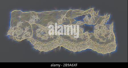 Striscia di merletto a fuselli con perla e rosetta telaio, sul terreno del reticolo, a Mechelen massa (noto anche come massa di ghiaccio), con qualche spruzzata di quattro-pass-custodie sagomate, vi è un modello di esecuzione. All'interno ci sono piccole rosette appesi rami, nel mezzo di una duna è salito di più steli a spirale, la quale molla dallo stesso fiore che forma il pezzo di estremità di puro ad arco circolare gusci. Le conchiglie dei pellegrini e altri pettinidi consistono di una perla e rosetta telaio che racchiude una corsia centrale con griglia di lavoro. Mechelen lato., anonimo, Belgio, c. 1830 - c. 1850, biancheria (materiale), Mechlin (LACE), l 28 cm × W 13 cm ×, Foto Stock
