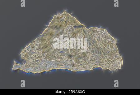 Striscia di merletto a fuselli con perla e rosetta telaio, sul terreno del reticolo, a Mechelen massa (noto anche come massa di ghiaccio), con poche sparse in quattro-pass-custodie sagomate, vi è un modello di esecuzione. All'interno ci sono piccole rosette appesi rami, nel mezzo di una duna è salito di più steli a spirale, la quale molla dallo stesso fiore che forma il pezzo di estremità di puro ad arco circolare gusci. Le conchiglie dei pellegrini e altri pettinidi consistono di una perla e rosetta telaio che racchiude una corsia centrale con griglia di lavoro. Mechelen lato., anonimo, Belgio, c. 1830 - c. 1850, biancheria (materiale), Mechlin (LACE), l 20 cm × W 12 cm ×, Foto Stock