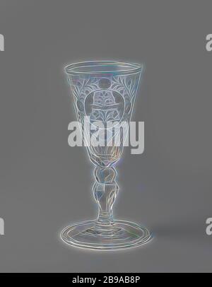 Caraffa con due mani unite e l'iscrizione: DE VRINT SCHAP, base piatta. Stelo balaustro sfaccettato con due nodi. Tazza conica con fondo sfaccettato e arrotondato. Sul calice, in un medaglione rotondo circondato da quattro foglie, collegate da quattro fiori rotondi, due mani unite, che emergono dalle nuvole, per una pianta fiorente. Su entrambi i lati del medaglione, lungo la bocca, il testo: DE VRINT SCHAP., anonima, c. 1725 - c. 1750, vetro, soffiatura vetro, h 17.8 cm d 7.9 cm d 9.4 cm, Reimagined by Gibon, disegno di calda allegra luce di luminosità e di luminosità dei raggi di luce. Arte classica reinventata con un t moderno Foto Stock