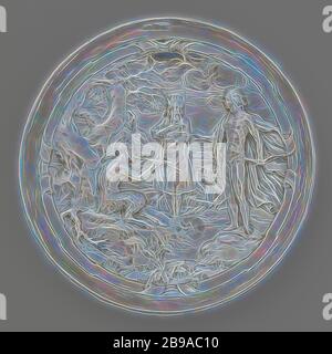 Bicchierino con la concorrenza Apollo e Marsyas, ciotola, rotonda, completamente guidato. Nell'ambito di un quadro di scorrimento, la presentazione del concorso Apollo e Marsyas alla presenza di King Midas (vedi sotto), concorso di Apollo e Marsyas in cui Midas dà giudizio (Hyginus, Fabularum Liber, 191), Hans Chrystiaens, Leeuwarden, 1632, Silver (Metal), d 19.8 cm, Reimagined by Gibon, design di calda e allegra luce di luminosità e raggi di luce radianza. Arte classica reinventata con un tocco moderno. Fotografia ispirata al futurismo, che abbraccia l'energia dinamica della tecnologia moderna, del movimento, della velocità A. Foto Stock