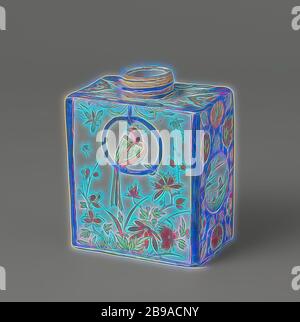 Caddy, caddy di fairence. Multicolore dipinto con paesaggi, decorazioni floreali e davanti un pappagallo in un anello., De Grieksche A, Delft, 1710 - 1725, h 9.5 cm × w 7.5 cm × d 4.6 cm, Reimagined by Gibon, disegno di calda e allegra luce incandescente di luminosità e di luminosità radianti. Arte classica reinventata con un tocco moderno. La fotografia ispirata al futurismo, abbracciando l'energia dinamica della tecnologia moderna, del movimento, della velocità e rivoluzionando la cultura. Foto Stock