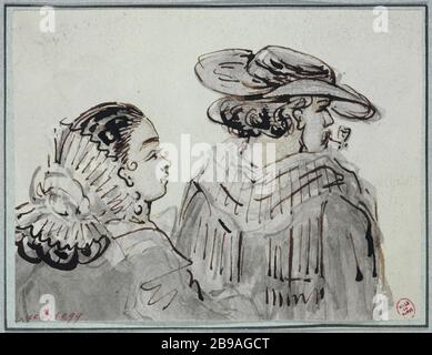 Bust coppia studio, uomini con un cappello e una pipa in bocca, la donna che segue dietro Constantin Ernest Adolphe Hyacinthe Guys (1802-1892), dessinateur et peintre français. Etude de couple en buste, lhomme avec un chapeau et une pipe aux lèvres, la femme suivant derrière. Plume, lavis gris rehaut de blanc. Parigi, musée Carnavalet. Foto Stock