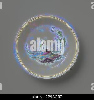Piatto con una coppia in un paesaggio, piatto di pasta morbida porcellana (pâte tendre) con un muro diritto, dipinto in smalto colori e oro. Sul piano un paesaggio con alcuni in esso. La donna si siede sul pavimento, appoggiata su una roccia e guarda l'uomo in piedi davanti a lei. Linea blu sulla parete. Bordo dorato usurato. Contrassegnato in basso con SX., Mennecy-Villeroy, Mennecy, c. 1770, porcellana (materiale), smalto, oro (metallo), vetrificazione, h 2.6 cm d 10 cm d 7.4 cm, Reimagined by Gibon, disegno di calda e allegra luce incandescente di luminosità e di irraggiamento di raggi luminosi. Arte classica reinventata con un mod Foto Stock