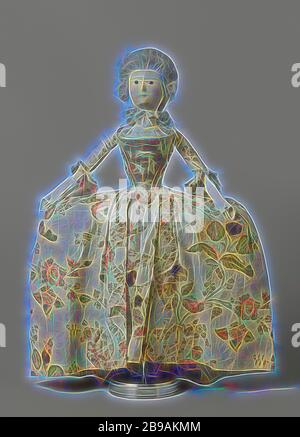 Il burattino di legno con occhi di vetro e capelli umani, vestito in un demi-parure di floral siede, costituito da un soprabito e un tablier, la bambola ha un viso ovale con naso appuntito, piccolo mento, occhi a mandorla con vetro nero alunni (bianco in vetro o porcellana?) e una stretta, elevazione orizzontale per la bocca. La faccia di legno è ricoperta di gesso al di sopra del quale un primer con chalk colla e poi un olio di colore giallo chiaro con la vernice e la vernice rosa arrossisce sulle guance. Brown dot dipinta intorno agli occhi con un punto rosso negli angoli degli occhi e sopracciglia marrone (linea con strisce verticali). L'avambraccio Foto Stock