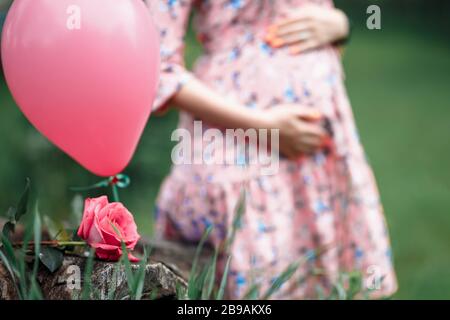 Donna incinta che tocca il dosso mentre tiene rosa ragazza in attesa Foto Stock