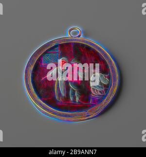 Pittura con scena di locanda, pittura, rotondo, pittura di backglass, con una scena di locanda. In una cornice di rame dorato., anonima, Olanda, c.. 1700 - c. 1799, vetro, rame (metallo), doratura (materiale), vernice (rivestimento), seta, doratura, d 3.6 cm, Reimagined by Gibon, disegno di calda e allegra luce incandescente di luminosità e di luminosità raggi. Arte classica reinventata con un tocco moderno. La fotografia ispirata al futurismo, abbracciando l'energia dinamica della tecnologia moderna, del movimento, della velocità e rivoluzionando la cultura. Foto Stock