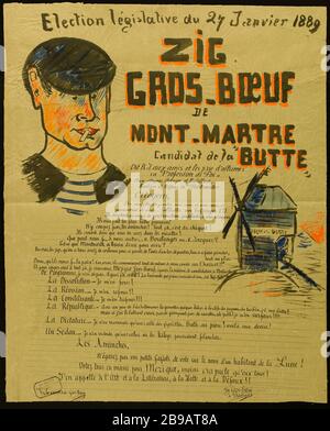 Elezione legislativa del 27 gennaio 1889, ZIG-BIG MANZO MONTE MARTRE [sic) candidato di 'BUTTE Anonyme. Election législative du 27 Janvier 1889, ZIG GROS-BOEUF DE MONT-MARTRE [sic] Candidat de la ' BUTTE '. Crayon, gouache et encre. 1889. Parigi, musée Carnavalet. Foto Stock