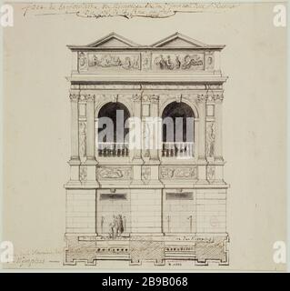 DAVANTI ALLA FONTANA DI DETTE NINFE INNOCENTI SANTI CLAGNY. "Face de la Fontaine des nymphes dite des Saints Innocents", vers 1787. Dessin. Parigi, musée Carnavalet. Foto Stock