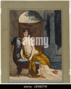 Madame Récamier in housecoat, seduta in posa languida in una sedia Gerard François-Pascal Simon Baron (1770-1837). Madame Récamier (1777-1849), femme de lettres française, en robe d'intérieur, assise dans une pose alanguie dans un fauteuil. Plume et aquarelle. Parigi, musée Carnavalet. Foto Stock