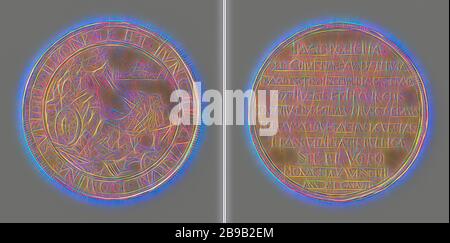 Due medaglie con la Pace di Münster, Pace di Munster, battuta medaglia commemorativa d'oro con sul fronte una macchina solare tirata da due leoni che corre su armi rotte, all'interno di un cerchio, indietro: Iscrizione, Engelbert Kettler (citato su oggetto), Münster, 1648, oro (metallo), impressionante (lavorazione dei metalli), d 6 cm, Reimagined by Gibon, disegno di calore allegro di luminosità e raggi di luce radianza. Arte classica reinventata con un tocco moderno. La fotografia ispirata al futurismo, che abbraccia l'energia dinamica della tecnologia moderna, del movimento, della velocità e rivoluziona la cultura. Foto Stock