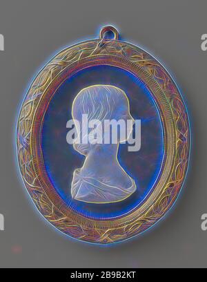 Medaglione con ritratto di Frederica Louise Wilhelmina di Orange-Nassau, busto in rilievo della ragazza di profilo a destra. Indossa e decollected jabon con il pin o il pulsante sulla spalla. Il pelo cade in riccioli intrecciati nel collo. Il ritratto è bianco e ha una viola-blu, cosiddetto Jasperware. Sul retro vi sono due disposti verticalmente fori in background. Il telaio è decorato con due volte una perla di confine e attorno ad esso un bordo decorato con motivi a foglia e nastro. Iscrizione retromarcia: Frederique Louise / Willemine. Contrassegnati, timbrati sul lato posteriore, incl .: WEDGEWOOD Foto Stock