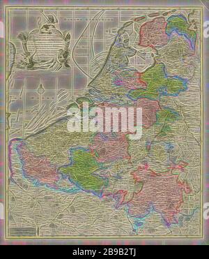Mappa della Repubblica dei sette Paesi Bassi Uniti, Nuova mappa delle XVII province olandesi in cui i paesi conquistati dal re di Vrankryk così come quelli della casa di Oostenryk, del re di Prussia ... (Titolo su oggetto), Mappa su una scala di 1: 860 000 con una disposizione di area colorata in verde, viola, giallo e bianco. Sopra a sinistra l'iscrizione e lo stemma della Repubblica, fiancheggiato in basso da due dei di mare, mappe di paesi o regioni separati, Paesi Bassi, Josua Ottens, Amsterdam, 1725 - 1750, carta, stampa, l 63.1 cm × w 54.6 cm l 59 cm × w 50.1 cm, Reinventata da Foto Stock