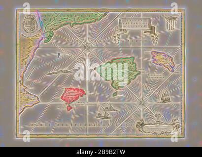 Cartografia nei Paesi Bassi, mappa delle Baleari e Pityus e costa della Spagna, Mappa delle Baleari e Pityus e parte della costa della Spagna, bordato giallo, zone colorate, 2 rose bussola: m.b. e r.o. Stemma coronato r.b, stemma coronato con vello dorato l.b .. Navi in mare, scala di r.o. in miglia spagnole con un globo su di esso. Iscrizione, r.b .: INSVLAE / BALEARIDES / et PITYVSAE, Isole Baleari, Willem Janszoon Blaeu, Amsterdam, 1600 - 1650, carta, incisione, h 37.9 cm × w 49.2 cm, Reimagined by Gibon, disegno di calda luce allegra di luminosità e raggi di luce. Classificazione Foto Stock