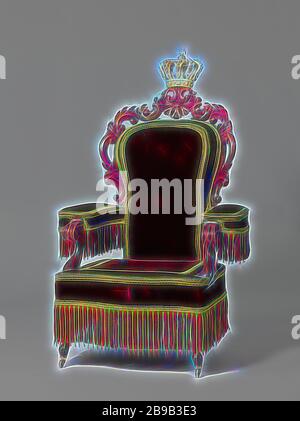 Sede del trono della regina Emma, utilizzata per l'inaugurazione di Wilhelmina, sede del trono decorata della regina Emma, utilizzata per l'inaugurazione di Wilhelmina. Sul retro una corona dorata. Frangia su braccioli e sedile, Nieuwe Kerk, Emma (regina reggente dei Paesi Bassi), Wilhelmina (regina dei Paesi Bassi), H.F. Jansen (dopo), l'Aia, 1898, mogano (legno), tiglio, velluto (tessuto), ricamo, h 160 cm × w 100 cm × d 100 cm, Reimagined by Gibon, disegno di calore allegro di luminosità e raggi di luce radianza. Arte classica reinventata con un tocco moderno. Fotografia ispirata al futurismo, embaci Foto Stock