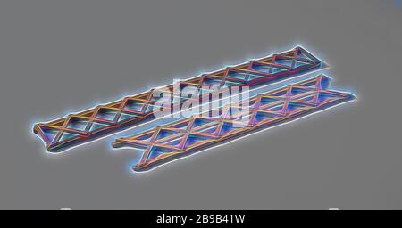 Modello o cornice diagonale, modello che dimostra la reticolazione secondo Robert Seppings. Si compone di due travi di pesatura, tra cui traverse diagonali, supporti e chiavi sono disposti, Inghilterra, anonimo, Regno Unito, c. 1822, legno (materiale vegetale), ottone (lega), h 1.8 cm × l 59.1 cm × w 10.2 cm, reimmaginata da Gibon, disegno di calore allegro di luminosità e di raggi di luce radianza. Arte classica reinventata con un tocco moderno. La fotografia ispirata al futurismo, che abbraccia l'energia dinamica della tecnologia moderna, del movimento, della velocità e rivoluziona la cultura. Foto Stock