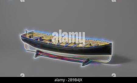Modello di trave reticolare policromato a barca lunga su un modello standard. Corteccia a doppia cintura con bordo liscio, curva con specchio piatto e velato quasi piatto, disco nel prua, un piazzale, otto ottole e sette rotaie, e una cabina aperta con profondità laterali e extra sciolta opaca. Timone semplice con timone in ottone curvo per muoversi intorno all'albero dell'uva. Scala 1:10 (derivata)., anonima, Paesi Bassi, c. 1865 - c.. 1880, legno (materiale vegetale), ottone (lega), modello: H 23,8 cm × l 100 cm × w 30 cm capsula di confezionamento: H 27,5 cm × w 103 cm × d 36 cm, Reimagined by Gibon, disegno di calore allegro di luminosità e luce ra Foto Stock