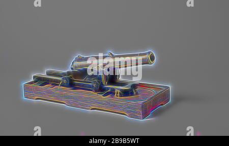 Modello di un 60-Pounder pistola sulla diapositiva e perno, modello di un 60-pound lungo il cannone su una slitta di tornitura su una scheda di massa, incompleta. La canna, 36 cm di lunghezza e con un calibro di 20 mm, ha un anello di rifrazione con un tappo allentato, una visiera posteriore (l'asta di fissaggio mancante), uno all'altezza dei rubinetti e uno sulla parte anteriore e un blocco di percussioni che fa un angolo, l'uva è piatta. La parte superiore della pula più stretta nella parte anteriore rispetto al posteriore, è costituito da due guance con quattro fasi collegate da uno spiovente di vitello, le ceneri e le due viti che attraversano i due guance, piastra e regolazione del cuneo sono missi Foto Stock