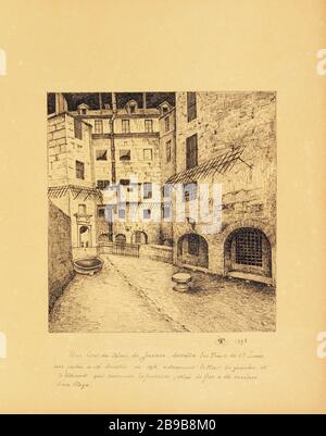 [Vecchia Parigi] UN tribunale dietro le torri di Saint Louis, una parte è stata demolita nel 1898 Henri Chapelle (1850-1925), dessinateur français. Le Vieux Paris. Une cour du Palais de Justice, derrière les tours de Saint Louis, une partie a été démolie it 1898. Pennacchio, encre de chine. Parigi (Ier arr.), 1898. Parigi, musée Carnavalet. Foto Stock