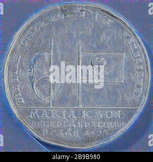 Decesso di Maria II d'Inghilterra, Medaglia d'argento. Fronte: Due bandiere con una rosa, una appesa e l'altra ondeggiante all'interno di un cerchio, tagliata: Iscrizione. Reverse: Coronata Garter con mela arancio appeso all'interno di una circonferenza., anonimo, Germania, 1695, argento (metallo), impressionante (metallurgia), d 3,8 cm × w 13,91 gr, reimmaginata da Gibon, disegno di calore allegro di luminosità e raggi di luce radianza. Arte classica reinventata con un tocco moderno. La fotografia ispirata al futurismo, che abbraccia l'energia dinamica della tecnologia moderna, del movimento, della velocità e rivoluziona la cultura. Foto Stock