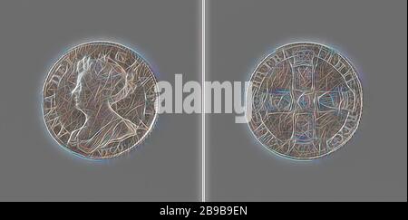 Anna, regina d'Inghilterra, battè l'argento catturato nella battaglia navale di Vigo, obverse: Busto di una donna all'interno di un'iscrizione. Reverse: Intorno alla stella inglese quattro stemmi incoronati all'interno di un cerchio, Vigo, Galizia, Anna Stuart (Regina d'Inghilterra e Scozia), anonimo, Inghilterra, 1703, argento (metallo), colpisce (metallurgia), d 2,5 cm × w 5,87 gr, Reimagined by Gibon, disegno di calore allegro di luminosità e raggi di luce radianza. Arte classica reinventata con un tocco moderno. Fotografia ispirata al futurismo, che abbraccia l'energia dinamica della tecnologia moderna, del movimento, della velocità e della r Foto Stock