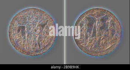 Caduta e la crocifissione, medaglia colpito da ordine di Johan Frederik il Grande Elettore di Sassonia, medaglia d'argento anteriore: Adamo ed Eva in piedi su entrambi i lati dell'albero della conoscenza al di sopra della fiamma con iscrizione, un serpente contorce attorno allo stelo, Adam detiene un Apple nella sua mano e vigilia raggiunge per un apple appeso a un albero, tutti i tipi di animali intorno a loro, sinistra: creazione di Eva sopra stemma, destra cacciata dal paradiso sopra stemma entro un'iscrizione. Retromarcia: Cristo crocifisso nel mezzo di altri due crocifissi, ai piedi della croce un gruppo di persone tra cui Maria, uomo su hor Foto Stock