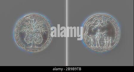 Il matrimonio di Karel Christiaan van Nassau-Weilburg e Carolina, Principessa di Orange-Nassau, medaglia d'argento. Complementare: a mano da nuvole tiene un nastro, con la quale due stemmi appesi in arancio sono legati insieme all'interno di un cerchio del diametro di taglio: data. Retromarcia: Mercurio con cappello alato e il personale mantiene pennant con iscrizione al di sotto di quella Venere, che viene spruzzata da Cupido con fiori dal cestello, sullo sfondo le tre Gratien all'interno circolare, l'Aia, Carolina (Principessa di Oranje-Nassau), Karel Christiaan principe di Nassau-Weilburg, Nicolaas van Swinderen, Amsterdam, 1760, argento (metallo), Foto Stock