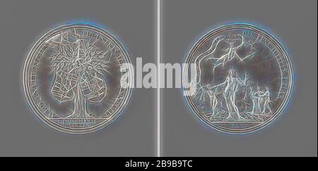 Il matrimonio di Karel Christiaan van Nassau-Weilburg e Carolina, Principessa di Orange-Nassau, medaglia d'argento. Complementare: a mano da nuvole tiene un nastro, con la quale due stemmi appesi in arancio sono legati insieme all'interno di un cerchio del diametro di taglio: data. Retromarcia: Mercurio con cappello alato e il personale mantiene pennant con iscrizione al di sotto di quella Venere, che viene spruzzata da Cupido con fiori dal cestello, sullo sfondo le tre Gratien all'interno circolare, l'Aia, Carolina (Principessa di Oranje-Nassau), Karel Christiaan principe di Nassau-Weilburg, Nicolaas van Swinderen, Amsterdam, 1760, argento (metallo), Foto Stock