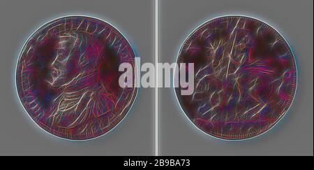 Filippo II di Spagna, difensore della fede cattolica, medaglia di bronzo. Fronte: Busto dell'uomo all'interno. Retromarcia: Bellerophon si siede sul retro del cavallo alato Pegasus e uccide la chimera all'interno di un cerchio con una lancia, tagliato: Anno., Spagna, Filippo II (Re di Spagna), Gianpaolo Poggini, Madrid, 1556, bronzo (metallo), Fondazione, d 4,1 cm × w 262 gr, Reimagined by Gibon, disegno di calore allegro di luminosità e raggi di luce radianza. Arte classica reinventata con un tocco moderno. Fotografia ispirata al futurismo, che abbraccia l'energia dinamica della tecnologia moderna, del movimento, della velocità e della rivoluzione Foto Stock