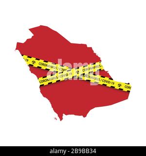 Mappa dell'Arabia Saudita con nastro giallo di quarantena. Pericolo coronavirus Banner Illustrazione Vettoriale