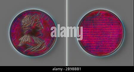 Frans Duquesnoy, scultore in Italia, medaglia di bronzo. Fronte: Busto dell'uomo all'interno. Indietro: Iscrizione., Italia, François Du Quesnoy, Adolphe Jouvenel, Bruxelles, 1846, bronzo (metallo), impressionante (metallurgia), d 4,7 cm × w 450 gr, Reimagined by Gibon, disegno di calore allegro di luminosità e raggi di luce radianza. Arte classica reinventata con un tocco moderno. La fotografia ispirata al futurismo, che abbraccia l'energia dinamica della tecnologia moderna, del movimento, della velocità e rivoluziona la cultura. Foto Stock