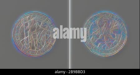 Moneta di mezzo thaler di dodici anni di file, medaglia d'argento. Obverse: Soldato in armatura con lo standard e lo stemma all'interno di una circolare. Reverse: Coronato aquila con orb e melo fascio di frecce all'interno., Deventer, anonimo, 1609, argento (metallo), impressionante (metallurgia), d 4,8 cm × w 43,42 gr, reimmaginata da Gibon, disegno di caldo allegro di luminosità e raggi di luce radianza. Arte classica reinventata con un tocco moderno. La fotografia ispirata al futurismo, che abbraccia l'energia dinamica della tecnologia moderna, del movimento, della velocità e rivoluziona la cultura. Foto Stock