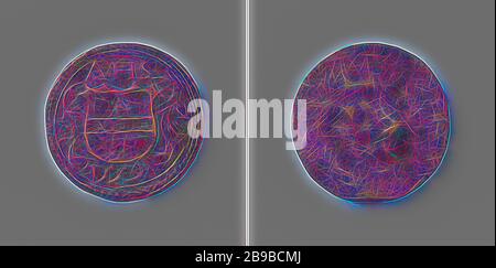 Medaglia con iscrizione AHS, monogramma in ottone su un lato. Obverse: Monogramma delle lettere AHS sopra lo stemma circondato da ramoscelli e anno, stampato nella parte superiore dello stemma: Lettera A, tre punti sulla trave e un punto nella parte inferiore. Inverso: Bianco, anonimo, 1559, ottone (lega), sorprendente (metallurgia), d 2,5 cm × w 6,68 gr, Reimagined by Gibon, disegno di caldo allegro bagliore di luminosità e raggi di luce radianza. Arte classica reinventata con un tocco moderno. La fotografia ispirata al futurismo, che abbraccia l'energia dinamica della tecnologia moderna, del movimento, della velocità e rivoluziona la cultura. Foto Stock