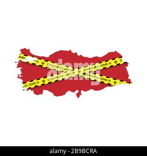 Mappa della Turchia con nastro giallo di quarantena. Pericolo coronavirus Banner Illustrazione Vettoriale