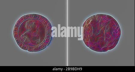 Carlo II, re di Spagna, contava il gettone caricato dall'ordine degli stati delle Fiandre, medaglia di rame. Fronte: Busto dell'uomo all'interno. Reverse: Stemma in cartouche appesi sul nastro, Fiandre, Carlo II (re di Spagna), stati delle Fiandre, anonimo, Belgio, 1674, rame (metallo), colpisce (metallurgia), d 3 cm × w 5,98 gr, Reimagined by Gibon, disegno di calore allegro luminoso e luminoso raggi radianza. Arte classica reinventata con un tocco moderno. La fotografia ispirata al futurismo, che abbraccia l'energia dinamica della tecnologia moderna, del movimento, della velocità e rivoluziona la cultura. Foto Stock