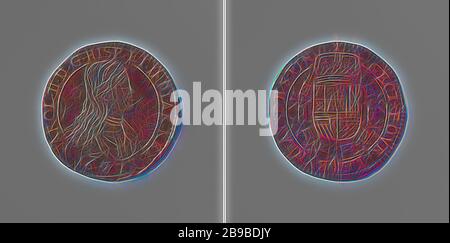 Carlo II, re di Spagna, contava un gettone su ordine del Consiglio delle Finanze, gettone di rame. Fronte: Busto dell'uomo all'interno. Retro: Stemma coronato, sospeso con l'ordine del Vello d'oro all'interno della circonferenza, Carlo II (Re di Spagna), Consiglio delle Finanze, anonimo, Bruxelles, 1670 - 1679, rame (metallo), colpisce (metallurgia), d 3.1 cm × w 6,31 gr, reimmaginata da Gibon, design di calore allegro di luminosità e raggi di luce radianza. Arte classica reinventata con un tocco moderno. Fotografia ispirata al futurismo, che abbraccia l'energia dinamica della tecnologia moderna, Foto Stock