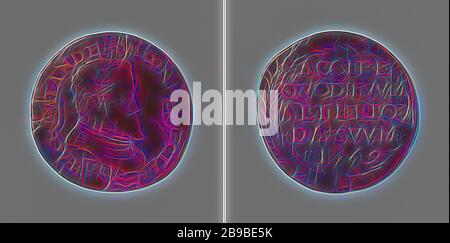 Pace di le Cateau-Cambresis, in onore di Filippo II, Re di Spagna, Medaglia di rame. Fronte: Busto dell'uomo all'interno, interrotto da cinque stemmi. Inverso: Iscrizione alloro wreath, le Cateau, Olanda, Zelanda, Friesland, Utrecht, Overijssel, Filippo II (re di Spagna), anonimo, Olanda, 1559, rame (metallo), sorprendente (metallurgia), d 2,8 cm × w 4,23 gr, Reimagined by Gibon, disegno di caldo allegro incandescente di luminosità e raggi di luce. Arte classica reinventata con un tocco moderno. Fotografia ispirata al futurismo, che abbraccia l'energia dinamica della tecnologia moderna, del movimento, sp Foto Stock