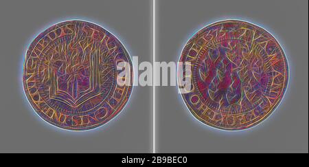 Religione degli Stati d'Olanda, Medaglia di rame. Fronte: bruciare la bibbia con sette sigilli all'interno di un'iscrizione. Reverse: Dieci cuori brucianti in un'iscrizione, Olanda, Staten van Holland, anonimo, Dordrecht, 1575, rame (metallo), impressionante (metallurgia), d 2.9 cm × w 3.29 gr, Reimagined by Gibon, disegno di calore allegro di luminosità e raggi di luce radianza. Arte classica reinventata con un tocco moderno. La fotografia ispirata al futurismo, che abbraccia l'energia dinamica della tecnologia moderna, del movimento, della velocità e rivoluziona la cultura. Foto Stock