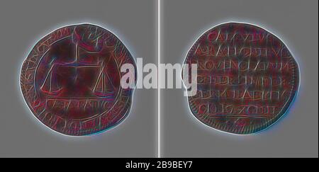 Redazione del conto delle regioni indipendenti olandesi, gettone di calcolo del Consiglio di Stato, gettone di rame. Obverse: Mano dalle nuvole tiene scale equilibrate all'interno di un cerchio, tagliato: Iscrizione. Inverso: Iscrizione, Consiglio di Stato, anonimo, Dordrecht, 1594, rame (metallo), sorprendente (metallurgia), d 3 cm × w 5,98 gr, Reimagined by Gibon, disegno di calore allegro di luminosità e raggi di luce radianza. Arte classica reinventata con un tocco moderno. La fotografia ispirata al futurismo, che abbraccia l'energia dinamica della tecnologia moderna, del movimento, della velocità e rivoluziona la cultura. Foto Stock