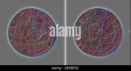L'ammiraglio van der fa il viaggio alle Isole Canarie, Medaglia di rame. Fronte: Nave Argo, in barca a vela: Nome Signore in ebraico script all'interno di un cerchio. Reverse: mappa della zona intorno a Zaltbommel e Tiel, su di essa due immagini, tra cui il nome Geova è scritto in ebraico scritto in una corona di raggi all'interno di un cerchio, Isole Canarie, Zaltbommel, Tiel, Pieter van der does, Maurits (Principe di Orange), anonimo, Dordrecht, 1599, rame (metallo), colpisce (lavorazione dei metalli), d 3 cm × w 69 gr, Reimagined by Gibon, disegno di calda luce allegra di luminosità e raggi luminosi. wi reinventato da arte classica Foto Stock