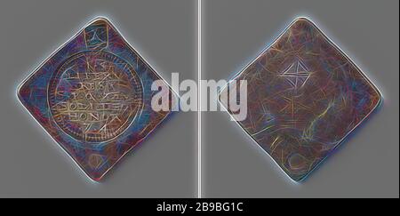 Moneta d'emergenza di mezzo thaler da Belem van Middelburg, moneta d'emergenza colpita dopo aver preso la città, moneta d'emergenza a forma di diamante con angoli arrotondati. Frontale: Due francobolli uno sopra l'altro: Superiore: Stemma, sotto: Iscrizione in bordo perlato rotondo. Reverse: Private label, Middelburg, anonimo, Mar-1574, argento (metallo), incisione, h 4 cm × w 4 cm × w 14,42 gr, Reimagined by Gibon, design di calore allegro di luminosità e raggi di luce radianza. Arte classica reinventata con un tocco moderno. Fotografia ispirata al futurismo, che abbraccia l'energia dinamica della tecnologia moderna, i movemen Foto Stock