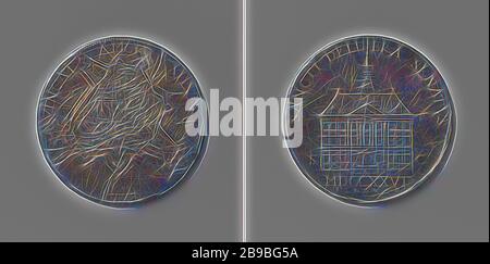 Tool token della città di 's-Hertogenbosch, medaglia d'argento. Fronte: mappa della città di 's-Hertogenbosch all'interno di un cerchio. Inverso: Municipio tra il monogramma delle lettere S e C sopra l'anno e motivo decorativo all'interno di un'iscrizione, 's-Hertogenbosch, Theodorus Casparus van Berckel, s Hertogenbosch, 1727, argento (metallo), impressionante (lavorazione dei metalli), d 2.7 cm × w 6.23 gr, Reimagined by Gibon, design di calore allegro di luminosità e raggi di luce radianza. Arte classica reinventata con un tocco moderno. Fotografia ispirata al futurismo, che abbraccia l'energia dinamica della tecnologia moderna, del movimento, Foto Stock