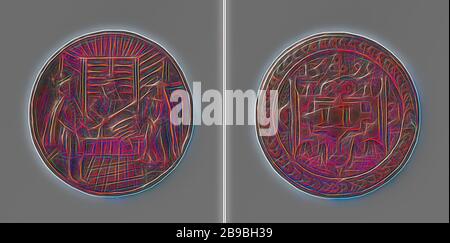 Gilda di lana per acquirenti e taglierine di Middelburg, gettone di gilda con n.. 11, gettone in rame. Fronte: Mercante di stoffa, in piedi dietro il bancone nel suo negozio, misurandosi con un pezzo di tessuto, a sinistra e a destra: Uomo e donna. Indietro: Numero 11 in scomparto decorato sotto l'anno bordo interno di falce, Middelburg, Francois Baillet, 1595, rame (metallo), incisione, d 4 cm × w 19,10 gr, Reimagined by Gibon, disegno di calore allegro di luminosità e raggi di luce radianza. Arte classica reinventata con un tocco moderno. Fotografia ispirata al futurismo, che abbraccia l'energia dinamica del tecnologo moderno Foto Stock