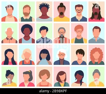 Set di persone, avatar, teste di persone di etnia e età diverse in stile piatto. Multi nazionalità social network persone facce raccolta. Illustrazione Vettoriale