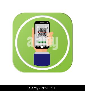 Icona vettore. Lo smartphone in mano esegue la scansione del codice QR. Semplice design piatto per sito Web e app Illustrazione Vettoriale