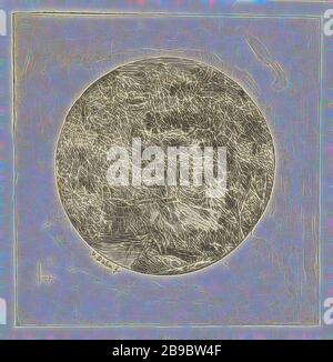Paesaggio forestale in una cornice rotonda, foresta, legno, Adriaan Jacob Willem van Dielen (citato su oggetto), Paesi Bassi, 1782 - 1812, carta, incisione, h 82 mm × w 81 mm, Reimagined by Gibon, disegno di calore allegro di luminosità e raggi di luce radianza. Arte classica reinventata con un tocco moderno. La fotografia ispirata al futurismo, che abbraccia l'energia dinamica della tecnologia moderna, del movimento, della velocità e rivoluziona la cultura. Foto Stock