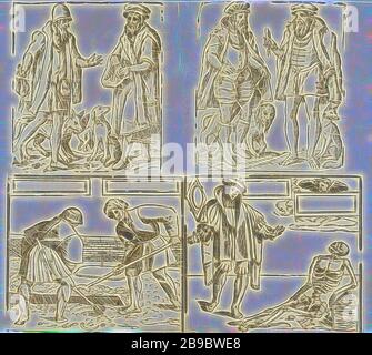 Foglio con quattro rappresentazioni, stampato da quattro blocchi, quattro rappresentazioni su un foglio. Sopra sinistra un prestatore e un cittadino, sopra destra un nobile e un statista, sotto sinistra due uomini scavano una tomba e sotto destra un uomo e la morte., grave digger, morte come scheletro, prestatore di soldi, usuraio, borghesia, classe media, cittadini, borghesi, nobiltà e patriciate, cavalleria, knighthood, funzionario, funzionario, funzionario, funzionario, funzionario (In generale), anonimo, Nederlanden, 1550 - 1600 e/o 1700 - 1800, carta, h 303 mm × w 420 mm, reimmaginata da Gibon, disegno di un caldo e allegro bagliore di luminosità e di raggi luminosi Foto Stock